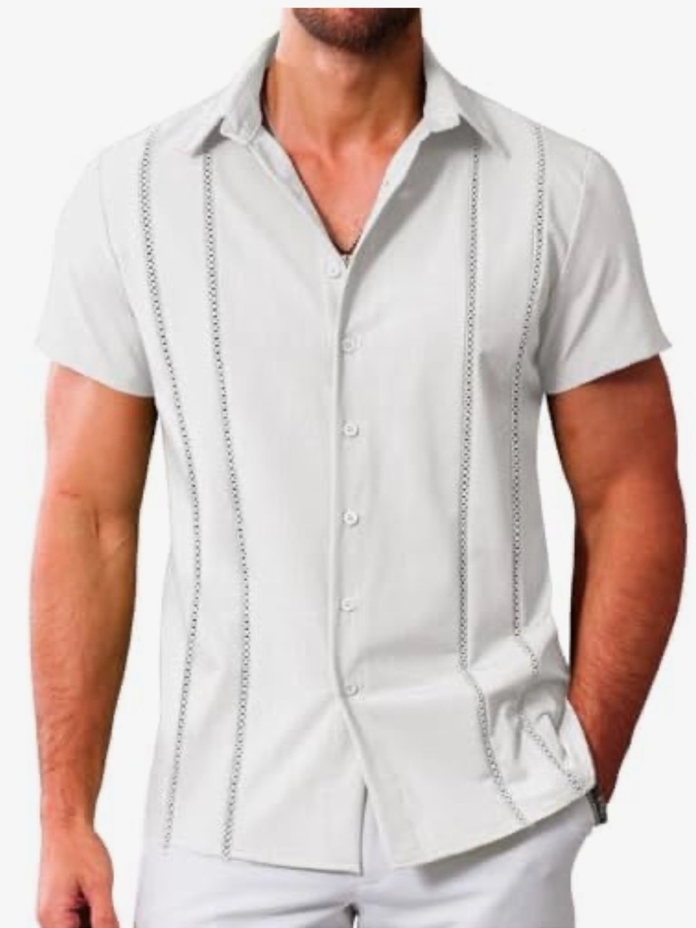 LETSEE Men's White Short-Sleeve Button-Down Shirt with Embroidered Panels NWT 2X